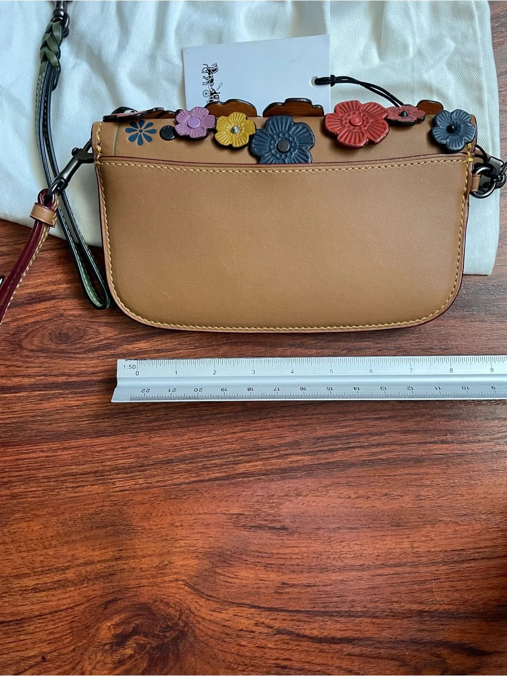 COACH Tan Floral Appliqué Leather Wristlet Clutch with Multicolor Flowers